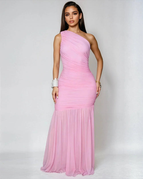 Ethereal Grace Ruched Mesh Asymmetric Maxi Dress -  Pink