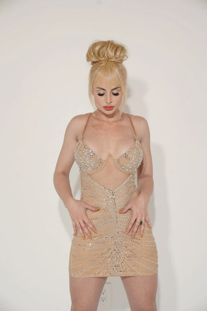 Evita Rhinestone Fishnet Bodycon  Mini Dress (Nude)