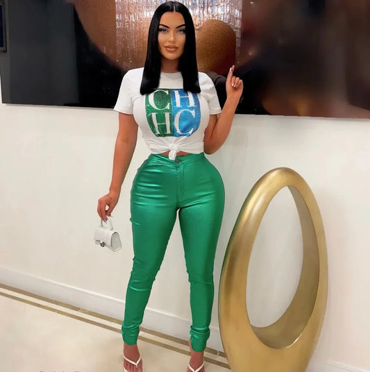 Expensive Views Metallic Disco Pants – Green High Waist
