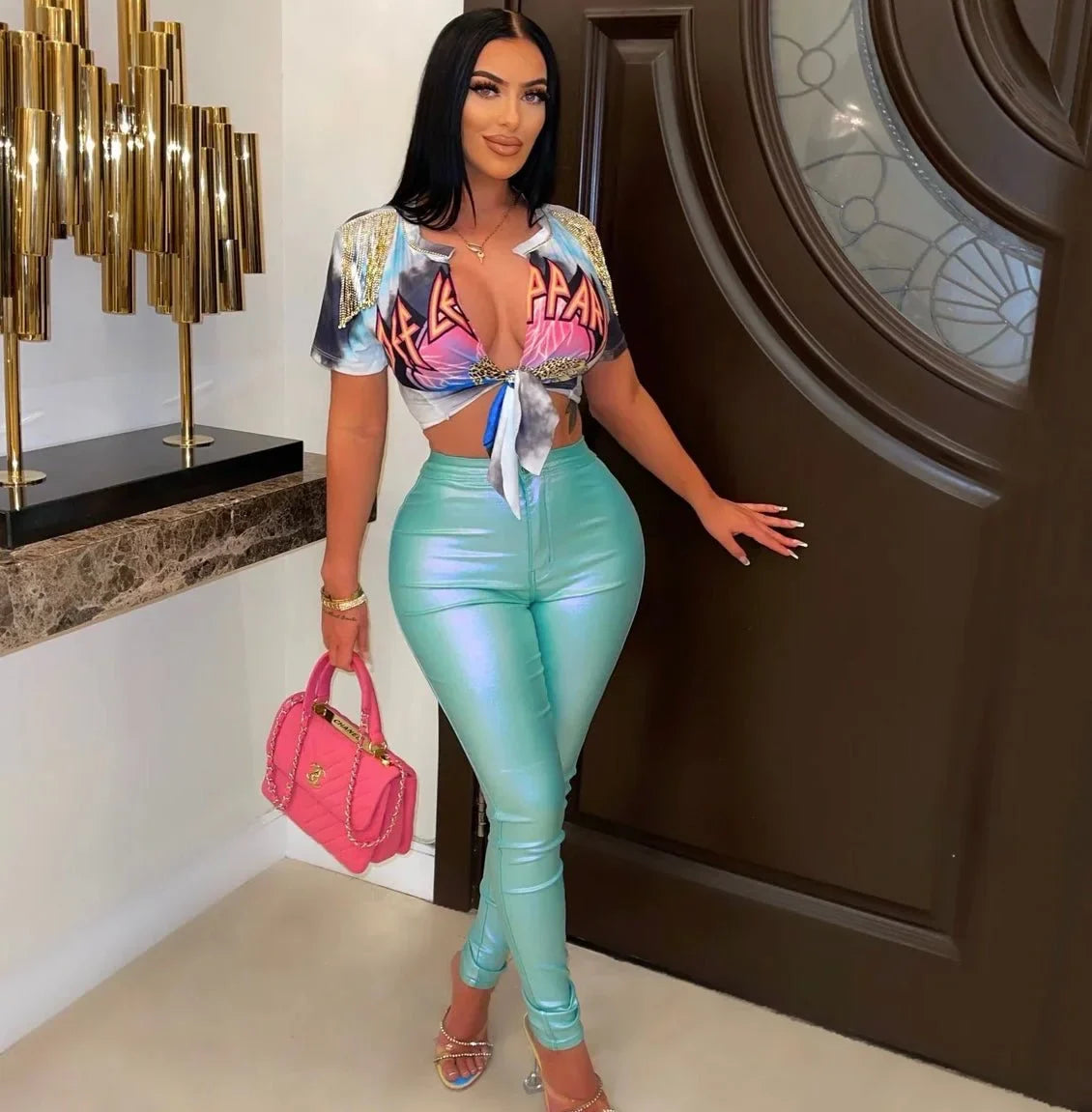 Expensive Views Mint Metallic Pants with Stretch Fit