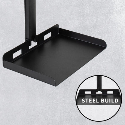 Black metal projector tray with 'Steel Build' label on a gray background