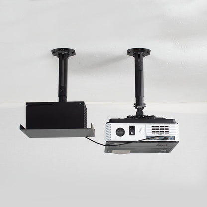 Projector on a ceiling mount next to a speaker shown on ceiling mount with cord connected to the projector