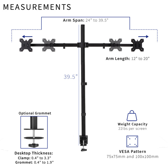 Measurement diagram for a black multi-monitor stand with arm span 24" to 39.5", arm length 12" to 20", and a total height of 39.
