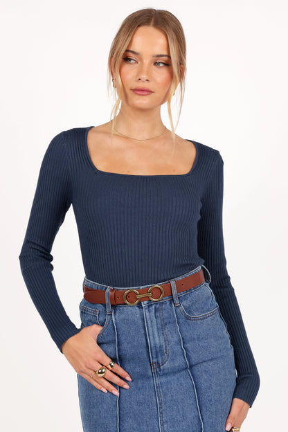 Shani Ribbed Knit Top - Dusty Blue