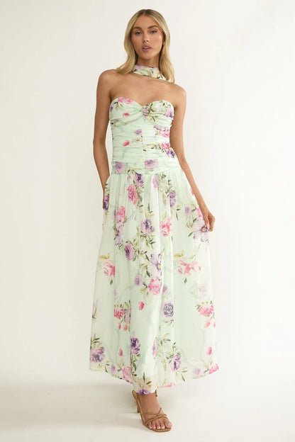 Novarra Twist Bust Strapless Maxi Dress Floral Mint
