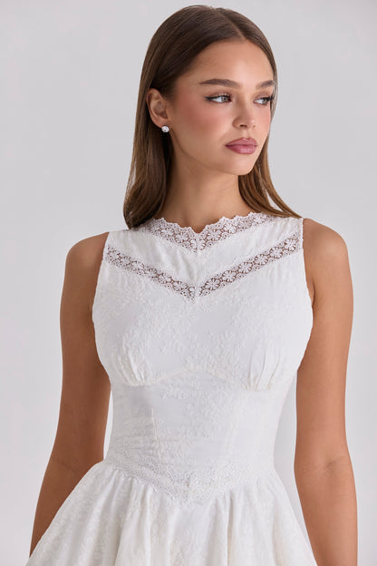 white embroidered cotton lace trim mini dress