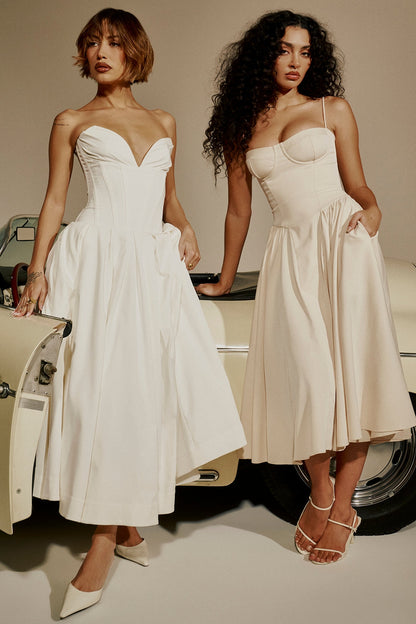white strapless midi dress