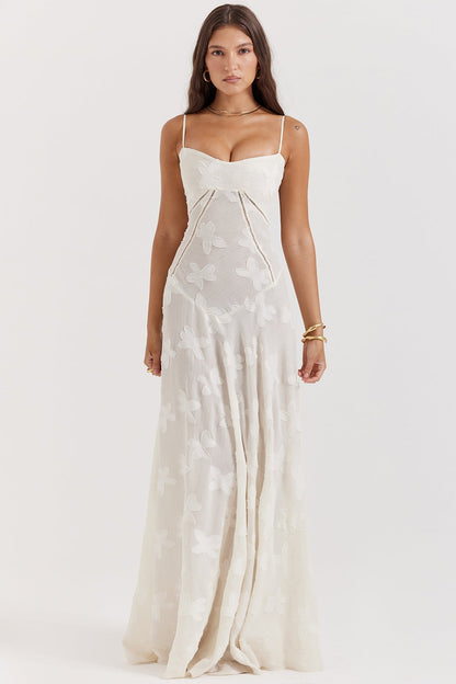 vintage cream floral lace back maxi dress