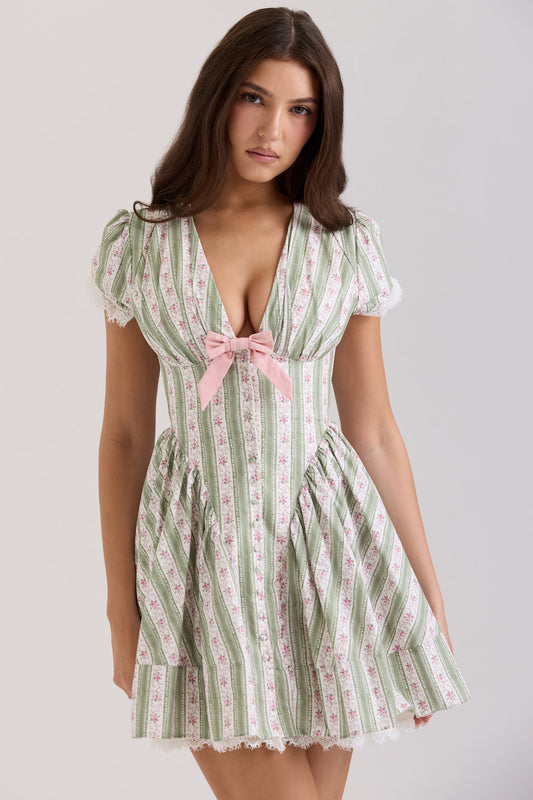 green stripe floral print stretch cotton mini dress