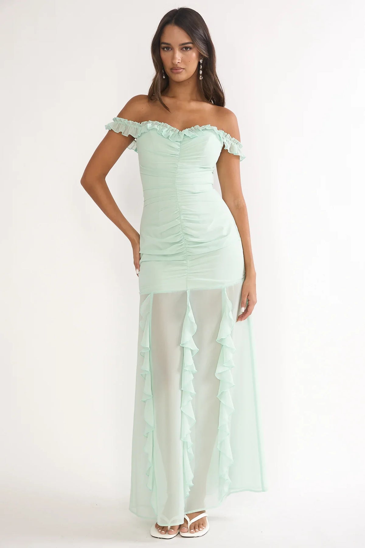 Fall In Love Off Shoulder Frill Maxi Dress Sage