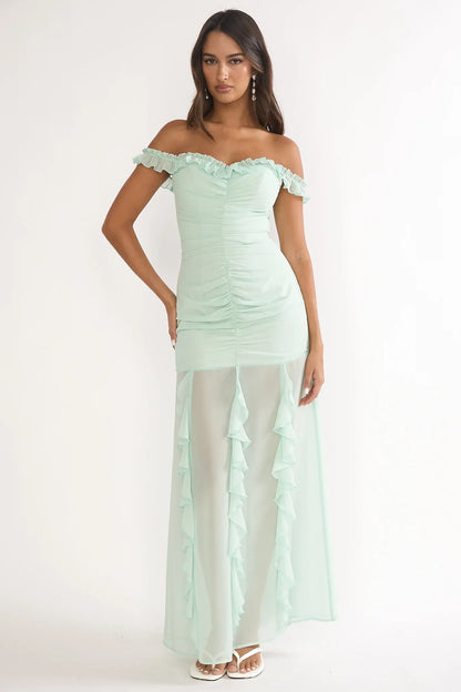 Fall In Love Off Shoulder Frill Maxi Dress Sage