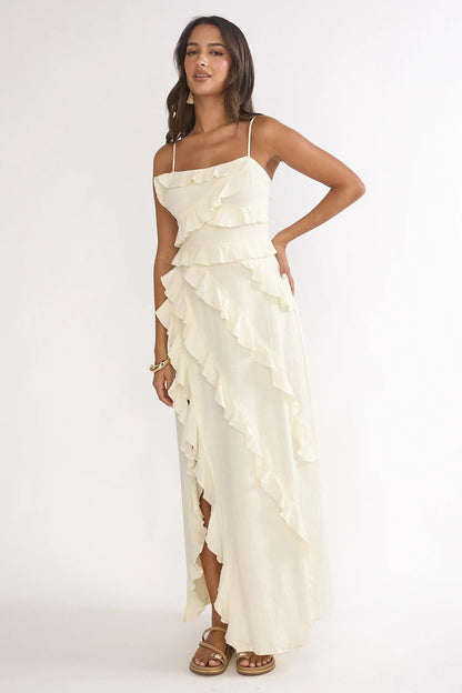 Arrabel Ruffle Split Maxi Dress Ivory