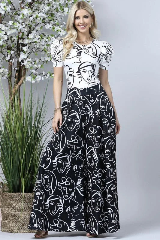 Face Graphic Print Palazzo Pants (Black)