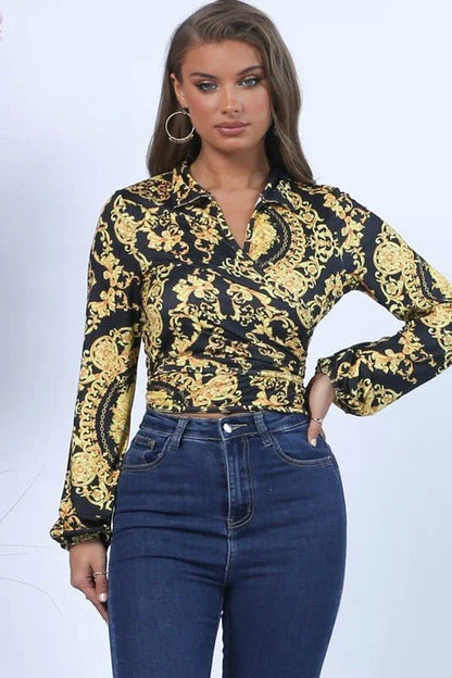 Fashion Print Wrap Printed Crop Top with Long Sleeves