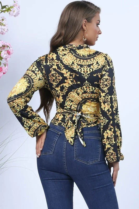 Fashion Print Wrap Printed Crop Top with Long Sleeves