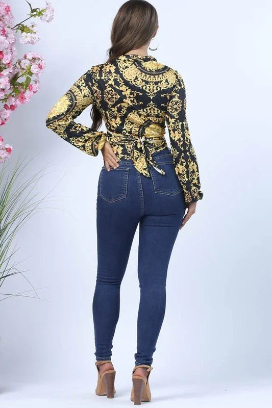 Fashion Print Wrap Printed Crop Top with Long Sleeves