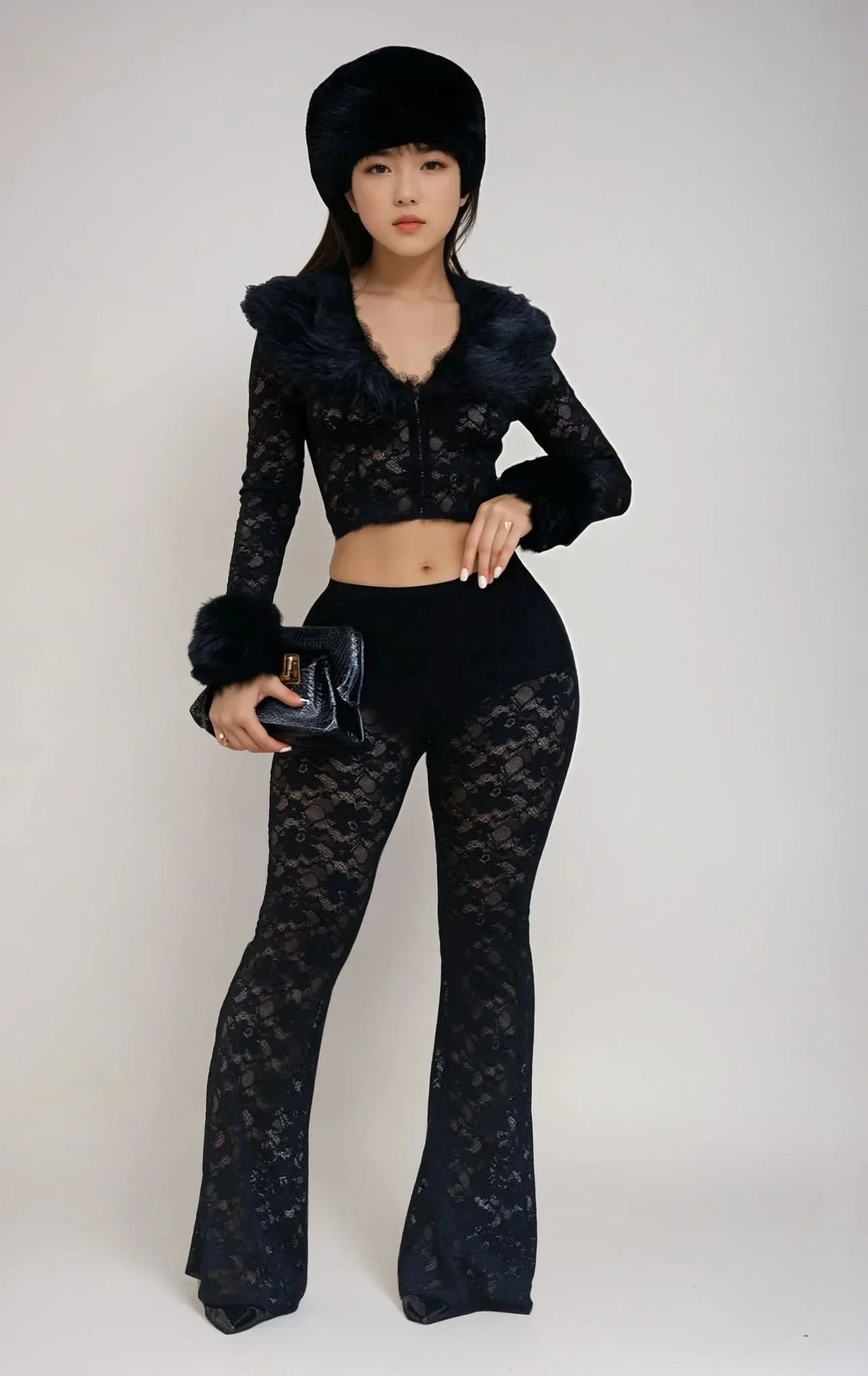 Faux Fur Trim Lace Shirt & Pants Set - Black