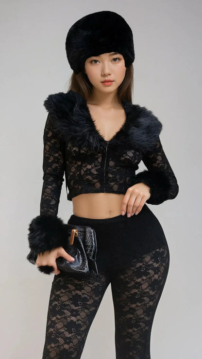 Faux Fur Trim Lace Shirt & Pants Set - Black