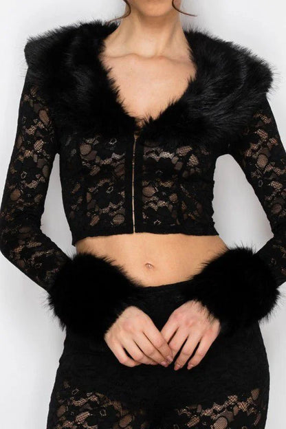 Faux Fur Trim Lace Shirt & Pants Set - Black