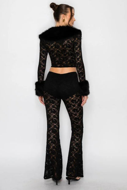 Faux Fur Trim Lace Shirt & Pants Set - Black