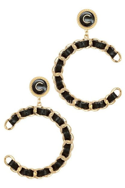 Faux Leather and Chain Braided Hoop Earrings