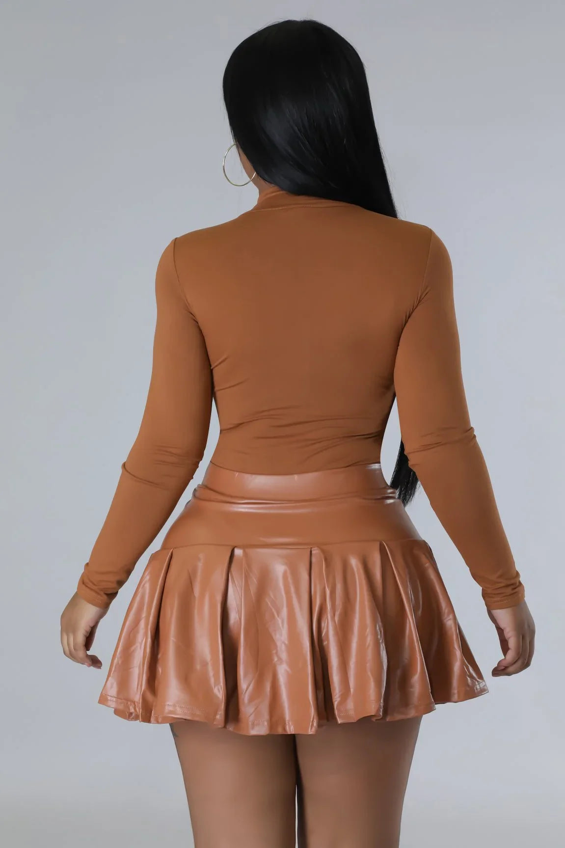 Dalia Mocha Faux Leather Skirt – High-Waist Pleated Mini