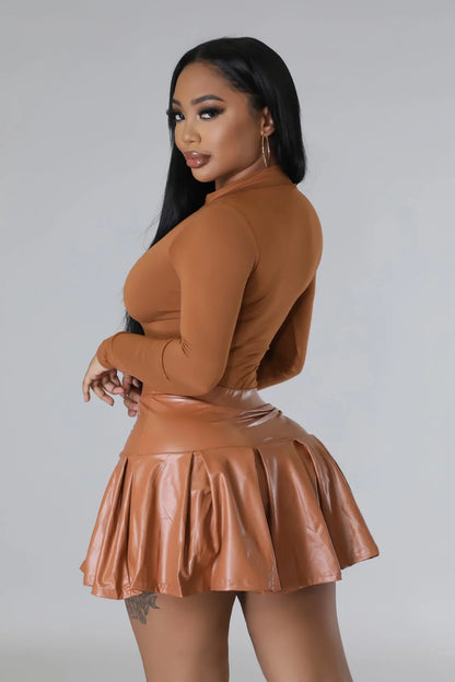 Dalia Mocha Faux Leather Skirt – High-Waist Pleated Mini