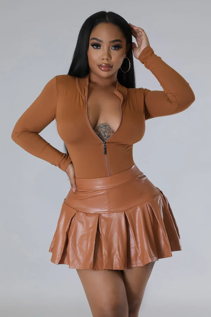 Dalia Mocha Faux Leather Skirt – High-Waist Pleated Mini