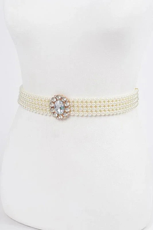 Faux Pearl Rhinestone Stretch Waist Belt