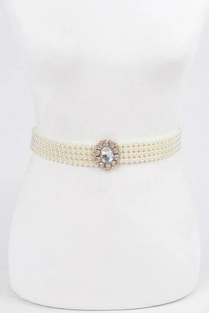 Faux Pearl Rhinestone Stretch Waist Belt
