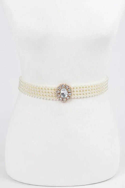 Faux Pearl Rhinestone Stretch Waist Belt