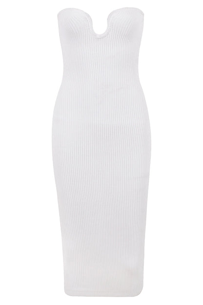 white ribbed knit strapless midi dress