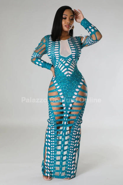 Feel Me Green Maxi Dress with Cutout Details