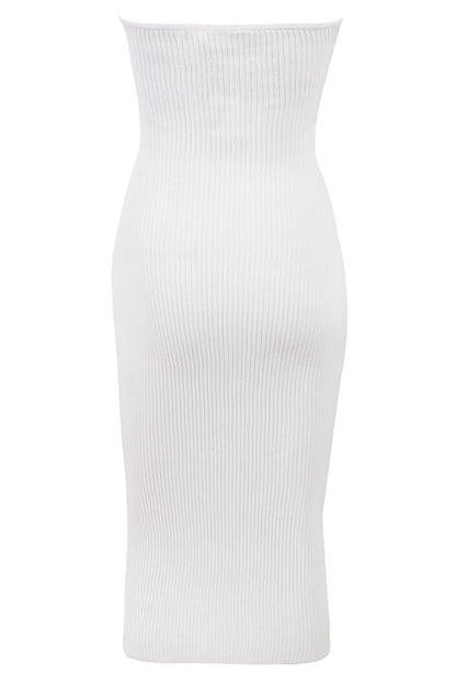white ribbed knit strapless midi dress