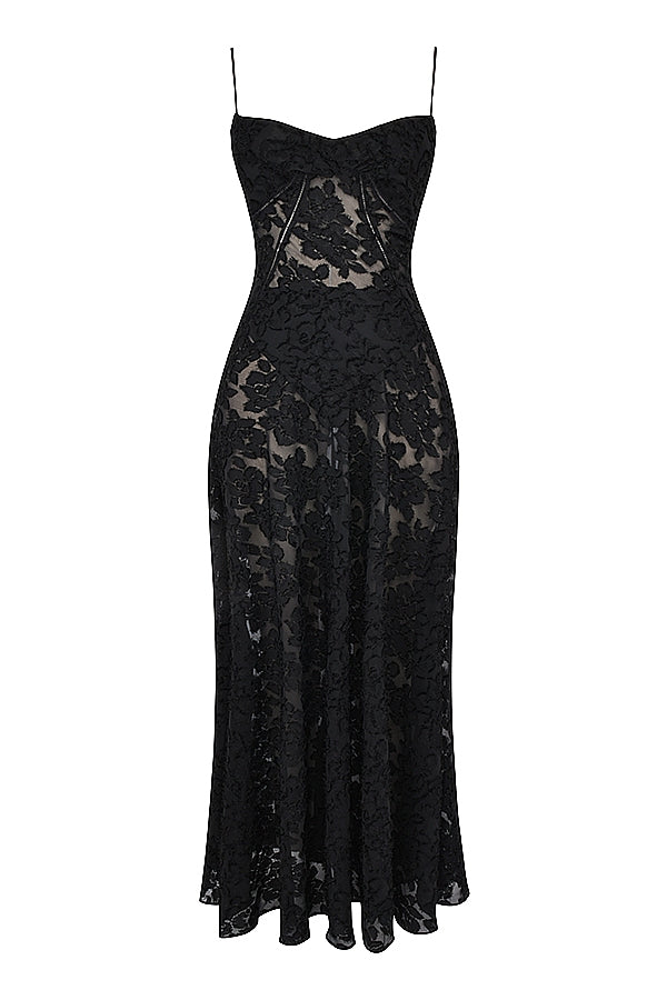 black floral lace back maxi dress