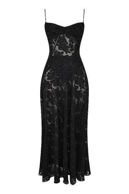 black floral lace back maxi dress