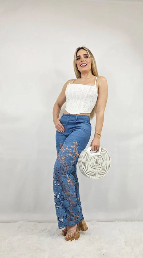 Fierce Bloom Lace Pants  Denim Blue