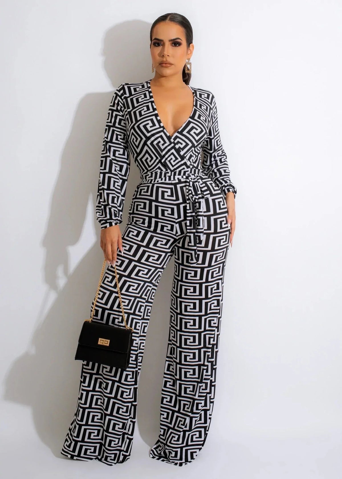 Find a Way Black and Ivory Printed Jumpsuit with Tie Waist
