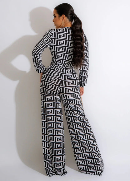 Find a Way Black and Ivory Printed Jumpsuit with Tie Waist