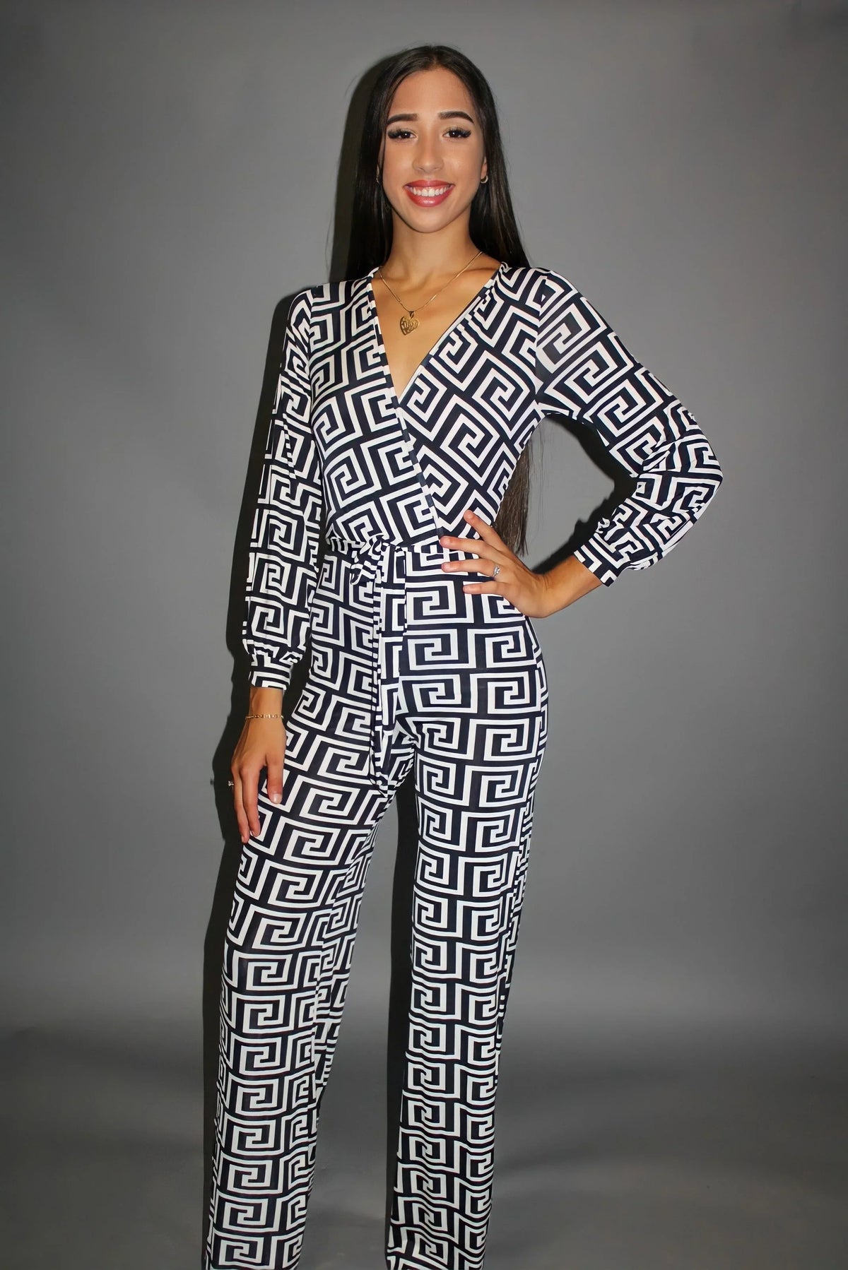 Find a Way Black and Ivory Printed Jumpsuit with Tie Waist