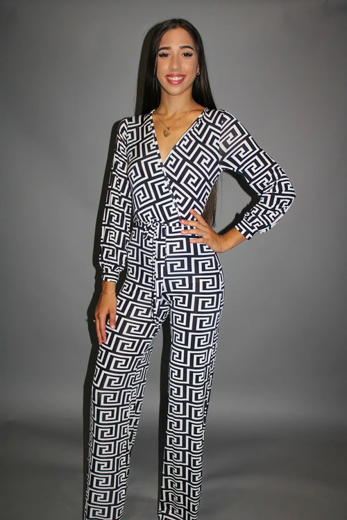 Find a Way Black and Ivory Printed Jumpsuit with Tie Waist