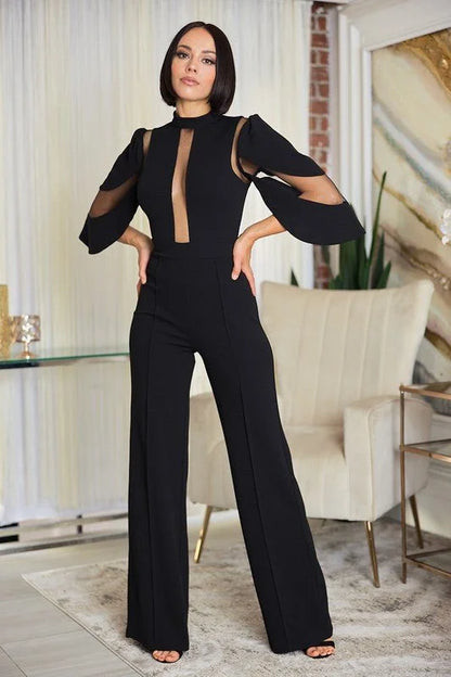 First Date Black Jumpsuit with Sheer Mesh & Flared Legs