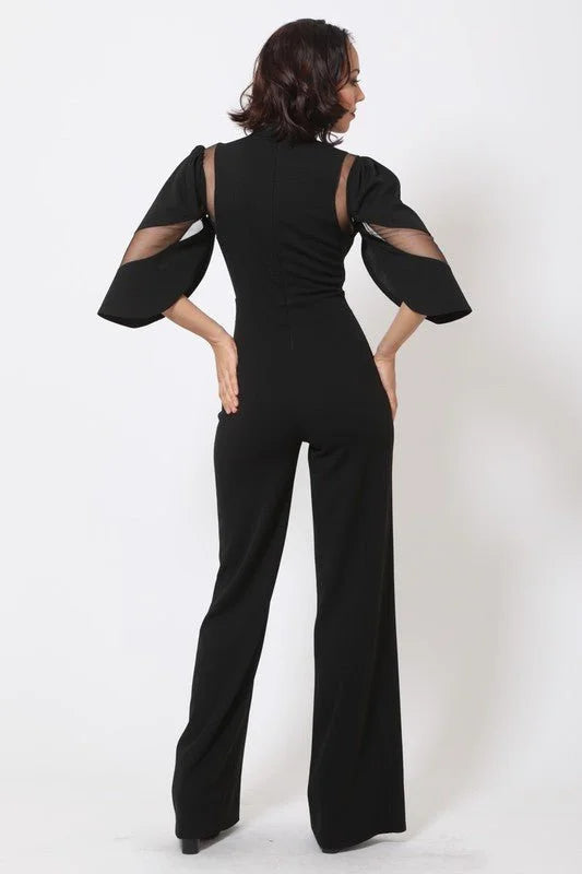 First Date Black Jumpsuit with Sheer Mesh & Flared Legs
