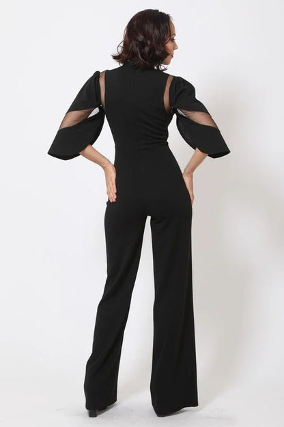 First Date Black Jumpsuit with Sheer Mesh & Flared Legs