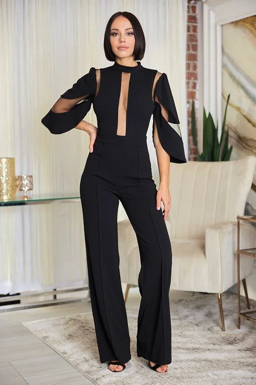 First Date Black Jumpsuit with Sheer Mesh & Flared Legs