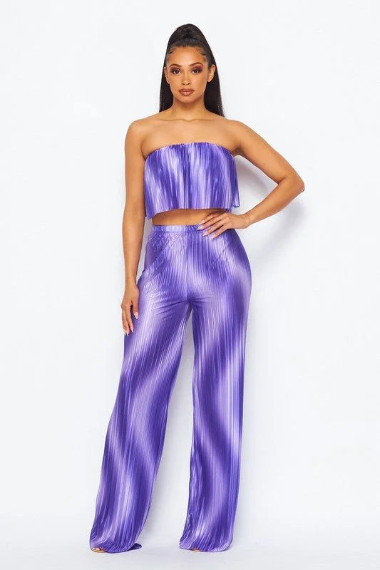 Flared bandeau top and straight leg pants set (purple)