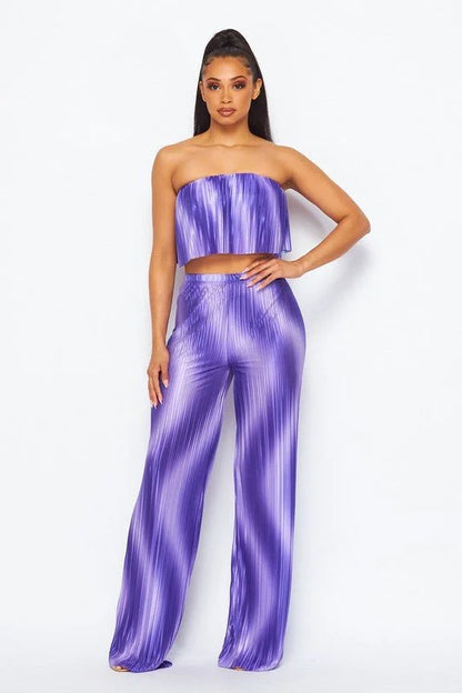 Flared bandeau top and straight leg pants set (purple)