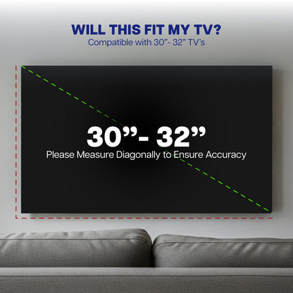 TV cover with measurement guide for compatibility with 30"-32" TVs, placed above a sofa.