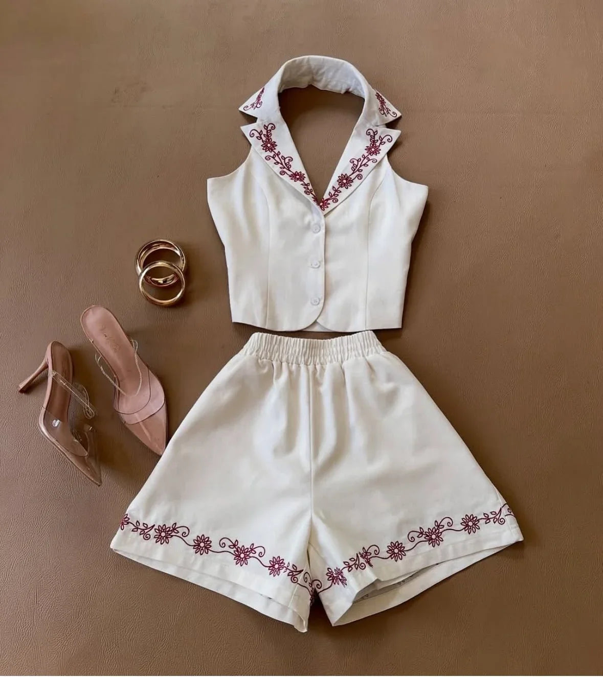 Flora Embroidered Vest & Shorts Set- Off White/Red