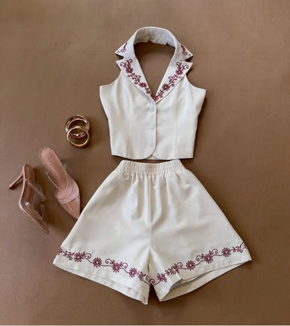 Flora Embroidered Vest & Shorts Set- Off White/Red